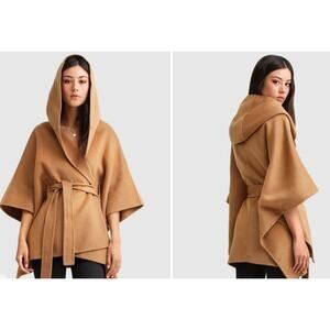 Belle & Bloom Cape Coat Jacket Jackson Landing Wool Blend Dark Camel Hoodie NEW